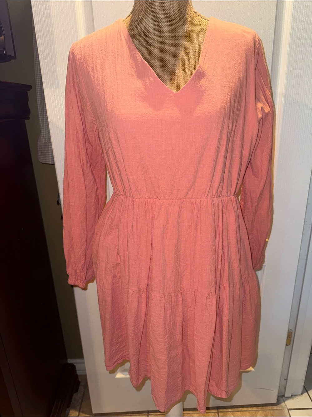 Fancyinn Coral-Pink Long Sleeve Tiered V-Neck Dress
